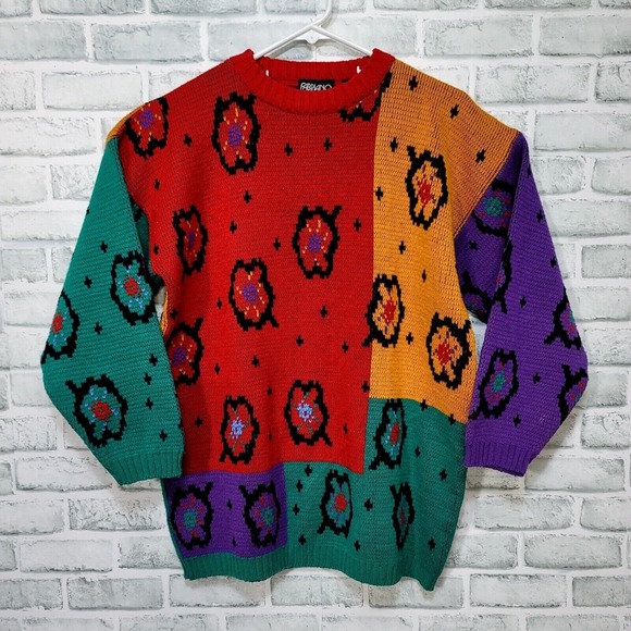 Vintage Fabriano Colorblock‎ Floral Sweater 90s Bold Geometric Knit Unisex - Picture 2 of 8
